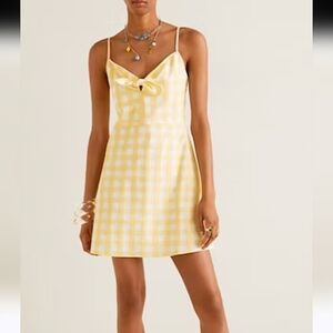 MANGO Gingham Check Bow Mini Thin Strap Dress In Butter Yellow/white. Size SM